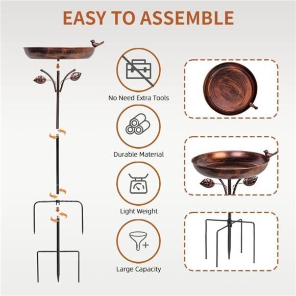 Garden Metal Bird Bath 12" Bird Bath Bowl with 5 Prongs Base Stake - Picture 5 of 7